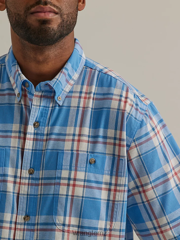 Wrangler Rugged Wear Short Sleeve Easy Care Plaid Button-Down Shirt Sea Blue (112325898) Men Clothing DRL6LH344