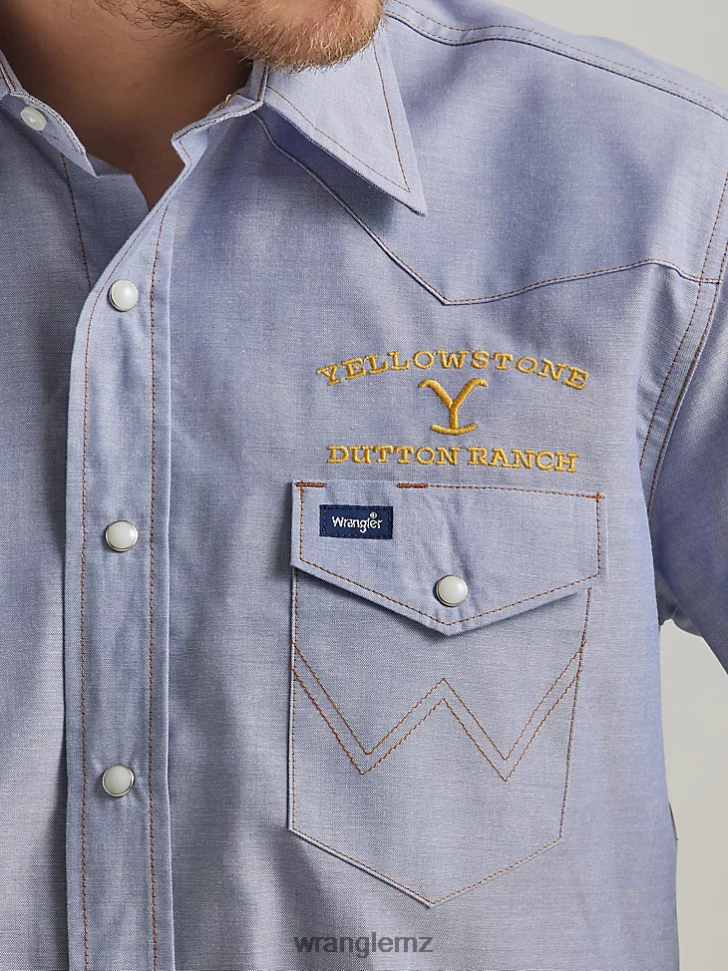 Wrangler x Yellowstone Short Sleeve Chambray Work Shirt Indigo Chambray (112337495) Men Clothing DRL6LH506