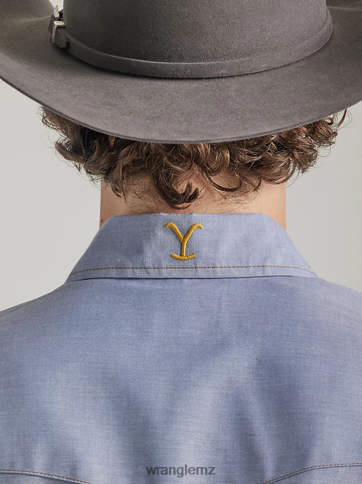 Wrangler x Yellowstone Short Sleeve Chambray Work Shirt Indigo Chambray (112337495) Men Clothing DRL6LH506