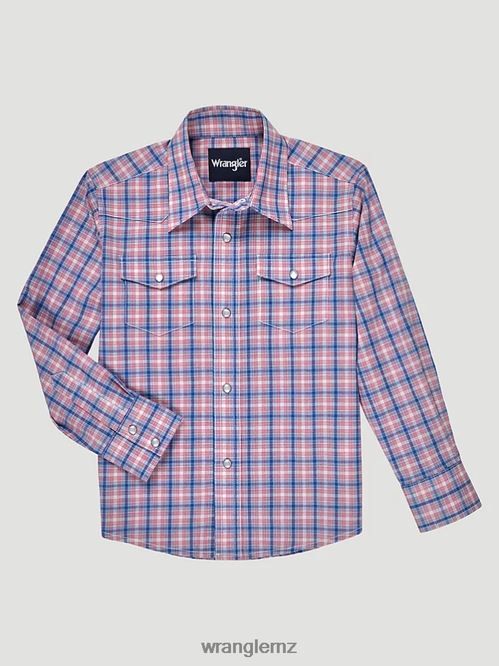 Wrangler Long Sleeve Wrinkle Resist Western Snap Plaid Shirt Fireworks Blue (112326323) Boys Clothing DRL6LH968