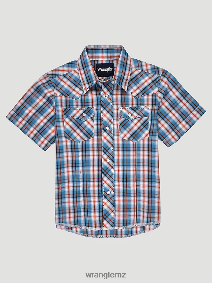 Wrangler Short Sleeve Fashion Western Snap Plaid Shirt Sunset Blue (112326439) Boys Clothing DRL6LH1004