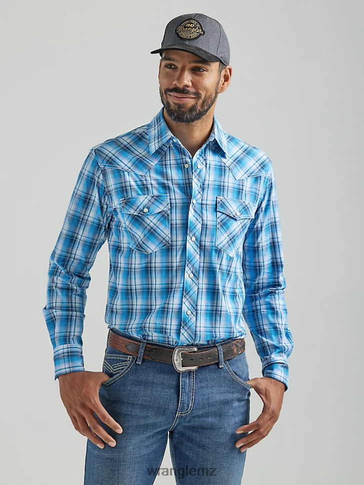 Wrangler 20X Competition Advanced Comfort Long Sleeve Two Pocket Western Snap Plaid Shirt Azul (112324832) Men Clothing DRL6LH493