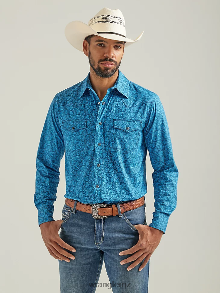 Wrangler 20X Competition Advanced Comfort Long Sleeve Western Snap Print Shirt Blue Azul (112324831) Men Clothing DRL6LH485