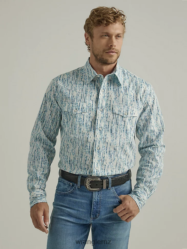 Wrangler 20X Competition Advanced Comfort Long Sleeve Western Snap Print Shirt Rainy Blue (112327797) Men Clothing DRL6LH490