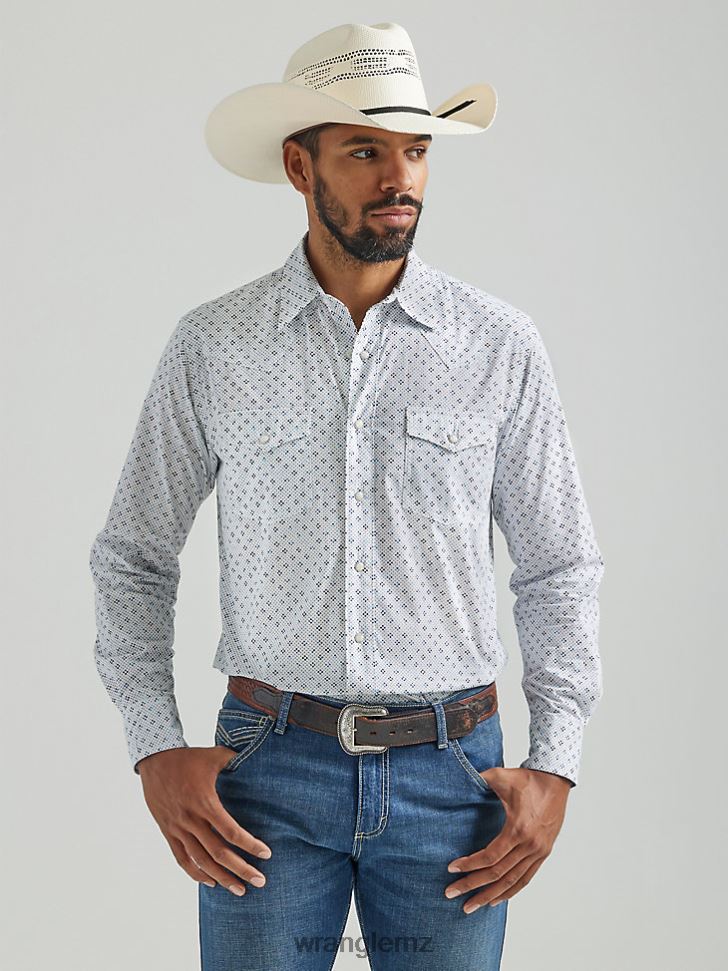 Wrangler 20X Competition Advanced Comfort Long Sleeve Western Snap Print Shirt White Blue (112324830) Men Clothing DRL6LH482