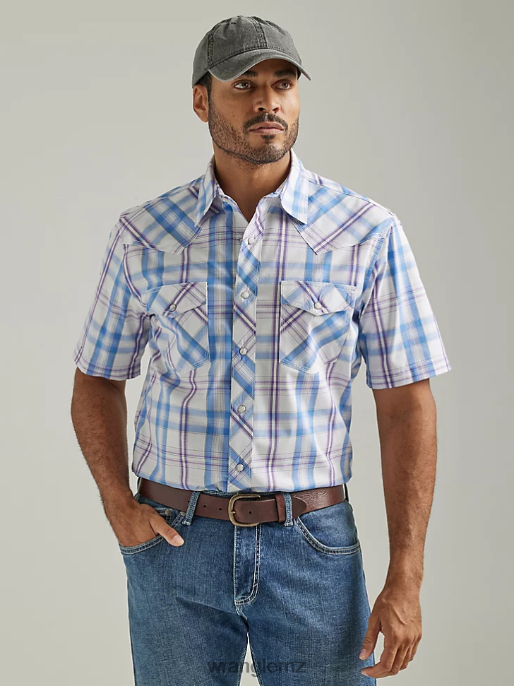Wrangler 20X Competition Advanced Comfort Short Sleeve Western Snap Two Pocket Plaid Shirt Iris Purple (112327811) Men Clothing DRL6LH454
