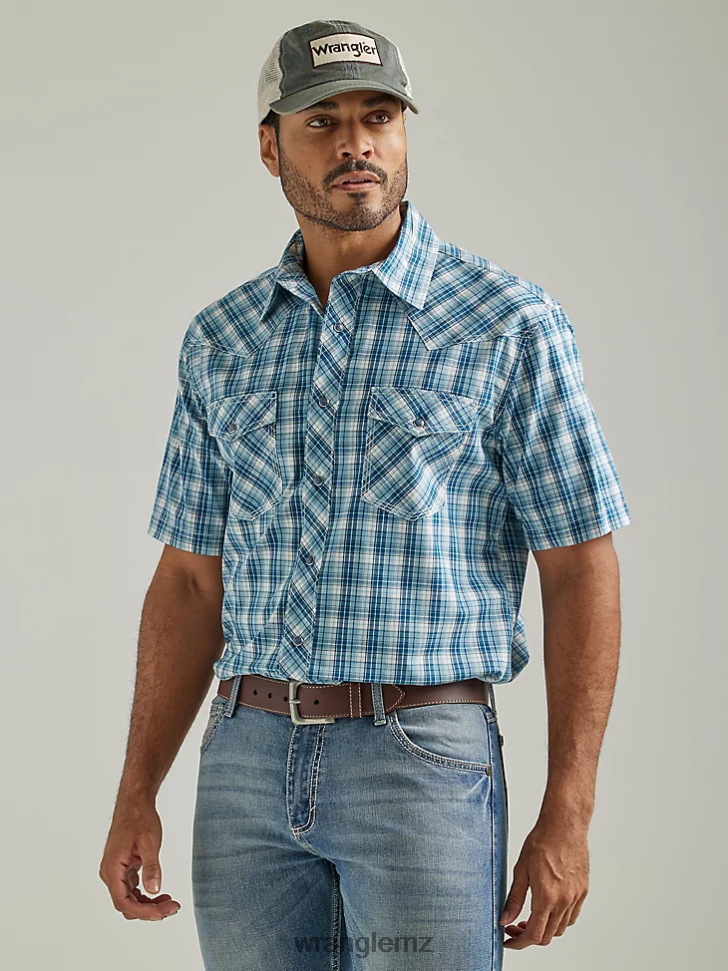 Wrangler 20X Competition Advanced Comfort Short Sleeve Western Snap Two Pocket Plaid Shirt Pacific Check (112327806) Men Clothing DRL6LH453