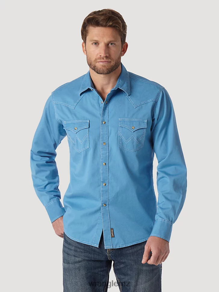 Wrangler Contrast Trim Western Two Snap Flap Pocket Shirt Blue (MVR507J) Men Clothing DRL6LH438