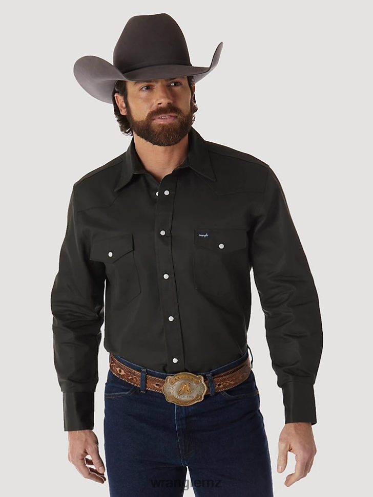 Wrangler Cowboy Cut Firm Finish Long Sleeve Western Snap Solid Work Shirt Black Forest Green (MS70519) Men Clothing DRL6LH424