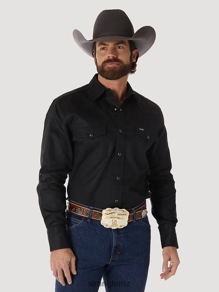 Wrangler Cowboy Cut Firm Finish Long Sleeve Western Snap Solid Work Shirt Black (MS70819) Men Clothing DRL6LH425