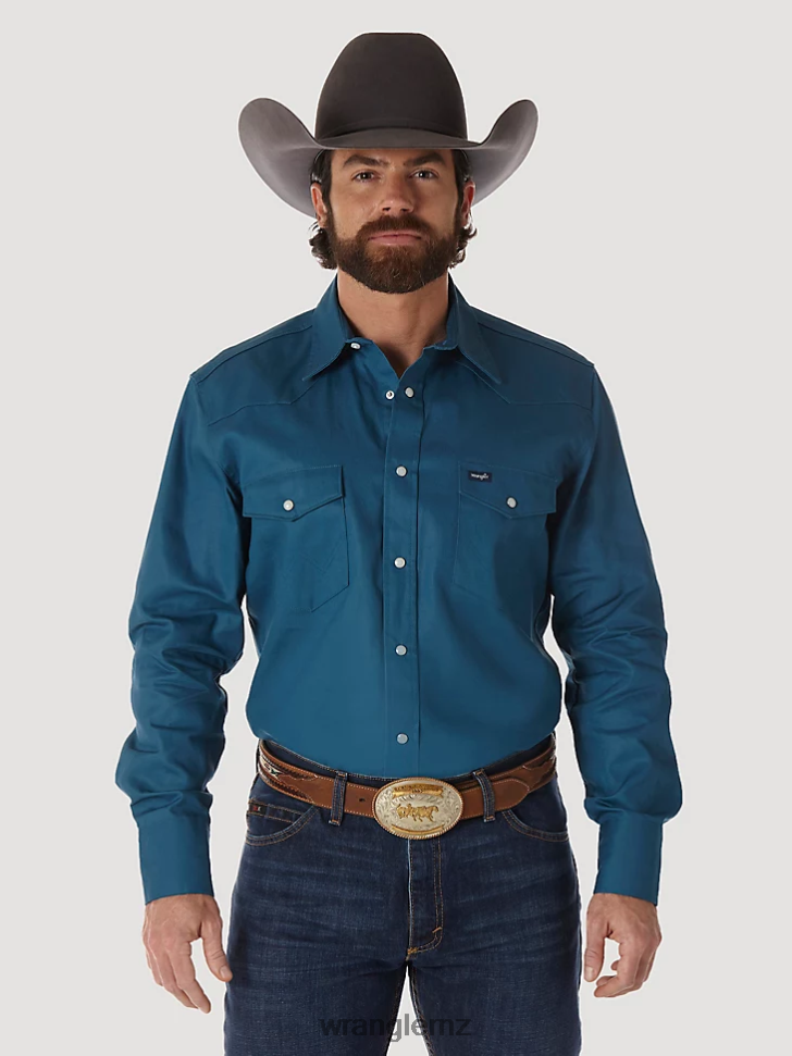 Wrangler Cowboy Cut Firm Finish Long Sleeve Western Snap Solid Work Shirt Dark Teal (MS71419) Men Clothing DRL6LH421
