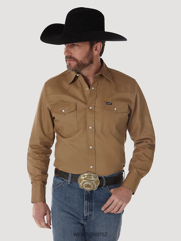 Wrangler Cowboy Cut Firm Finish Long Sleeve Western Snap Solid Work Shirt Rawhide (MS71519) Men Clothing DRL6LH416