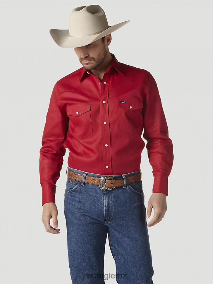 Wrangler Cowboy Cut Firm Finish Long Sleeve Western Snap Solid Work Shirt Red (MS70619) Men Clothing DRL6LH422
