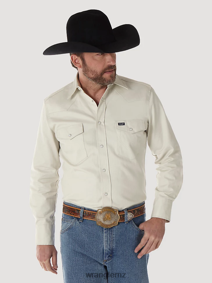 Wrangler Cowboy Cut Firm Finish Long Sleeve Western Snap Solid Work Shirt Stone (MS71319) Men Clothing DRL6LH418
