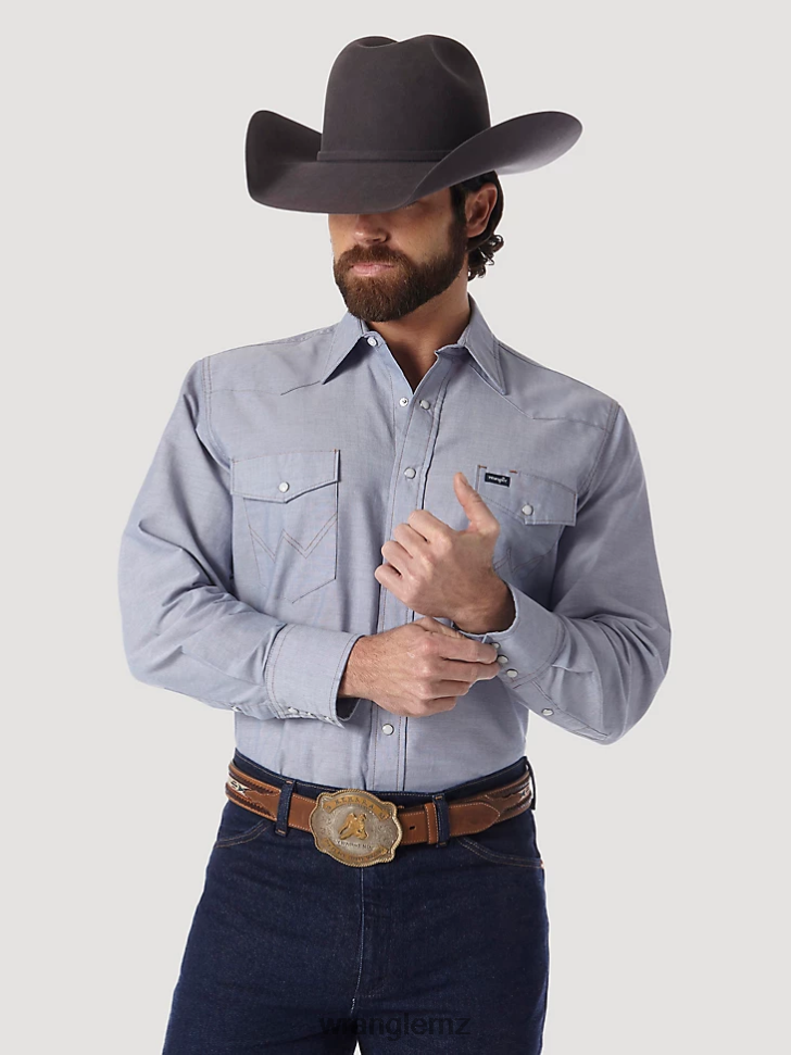 Wrangler Cowboy Cut Work Western Rigid Denim Long Sleeve Shirt Chambray (70130MW) Men Clothing DRL6LH440