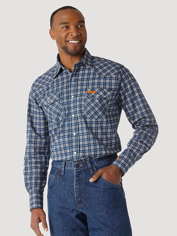 Wrangler FR Flame Resistant Long Sleeve Western Snap Plaid Shirt Blue/Black (FR122BW) Men Clothing DRL6LH501