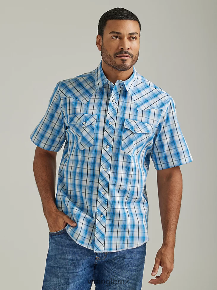 Wrangler Fashion Snap Short Sleeve Western Snap Plaid Shirt Blue Horizons (112326469) Men Clothing DRL6LH460
