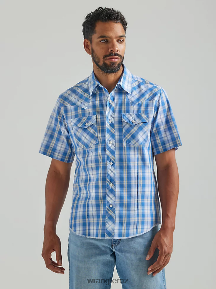 Wrangler Fashion Snap Short Sleeve Western Snap Plaid Shirt Med Blue (112324653) Men Clothing DRL6LH459