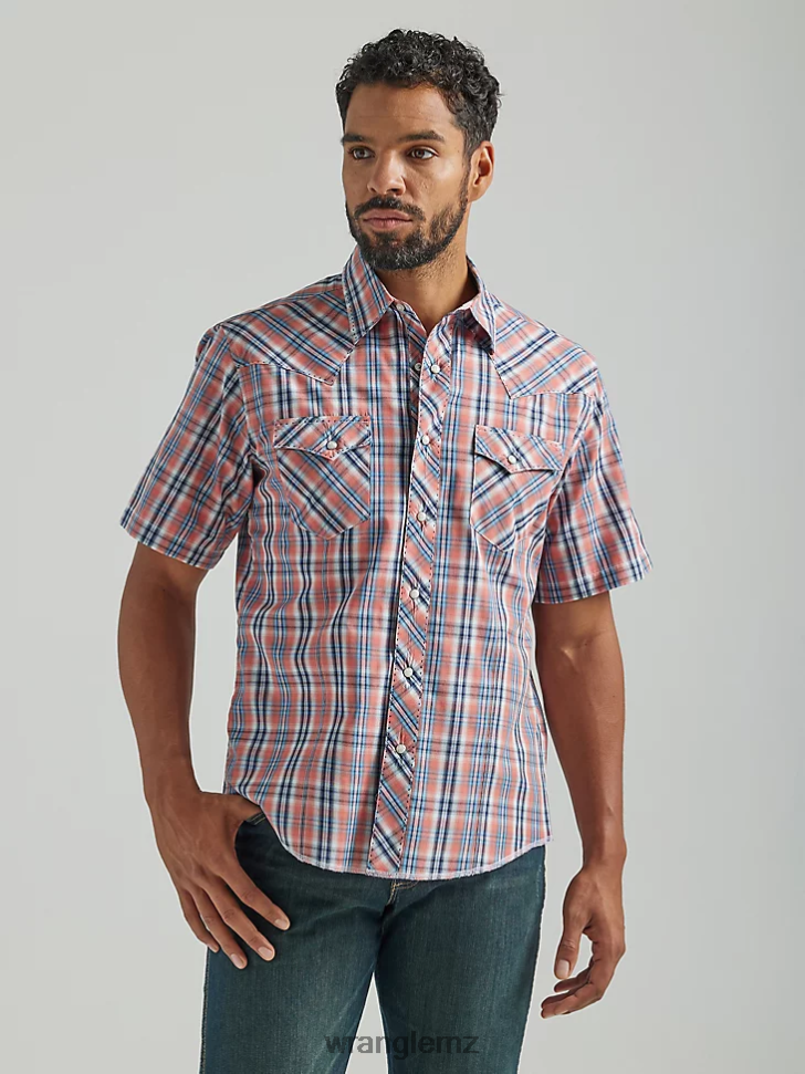 Wrangler Fashion Snap Short Sleeve Western Snap Plaid Shirt Orange (112324665) Men Clothing DRL6LH458