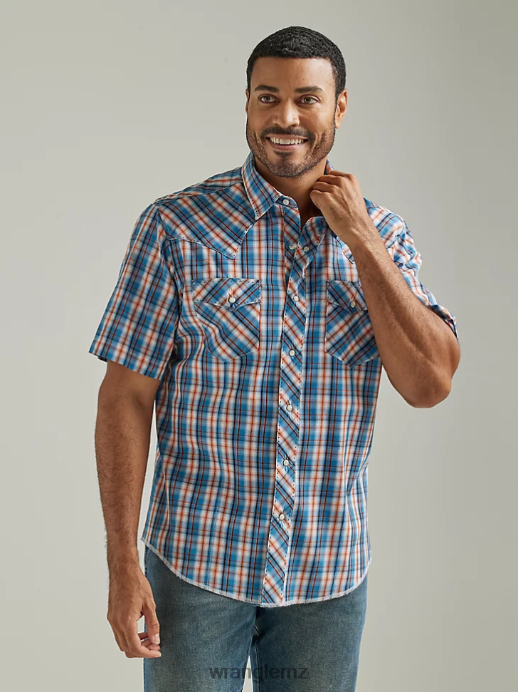 Wrangler Fashion Snap Short Sleeve Western Snap Plaid Shirt Sunset Blue (112326470) Men Clothing DRL6LH462