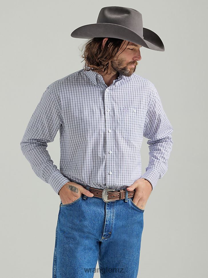 Wrangler George Strait Long Sleeve Button Down One Pocket Plaid Shirt Lilac (112324860) Men Clothing DRL6LH316