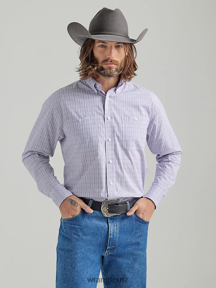 Wrangler George Strait Long Sleeve Button Down Two Pocket Plaid Shirt Lilac (112324814) Men Clothing DRL6LH324