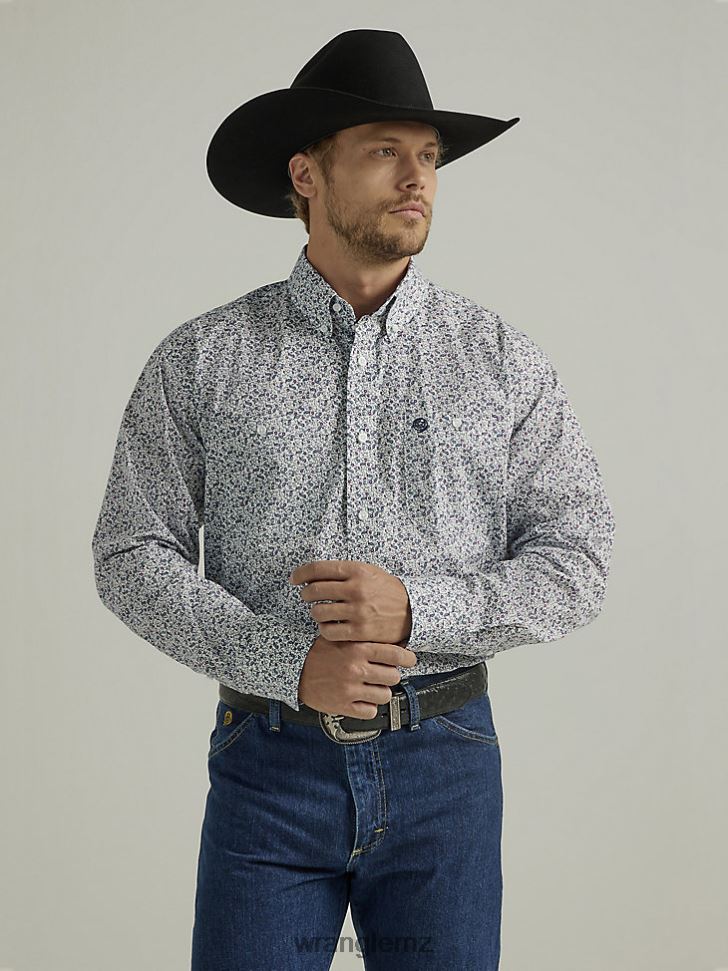 Wrangler George Strait Long Sleeve Two Pocket Button Down Print Shirt Indigo Scroll (112328238) Men Clothing DRL6LH369