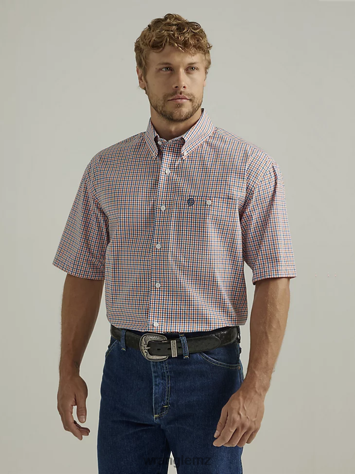 Wrangler George Strait Short Sleeve 1 Pocket Button Down Plaid Shirt Orange Peel (112327816) Men Clothing DRL6LH312