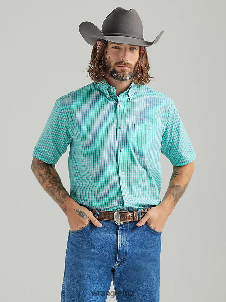 Wrangler George Strait Short Sleeve 1 Pocket Button Down Plaid Shirt Teal (112324874) Men Clothing DRL6LH307