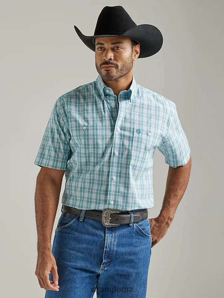 Wrangler George Strait Short Sleeve 2 Pocket Button Down Plaid Shirt True Aqua Plaid (112327822) Men Clothing DRL6LH335