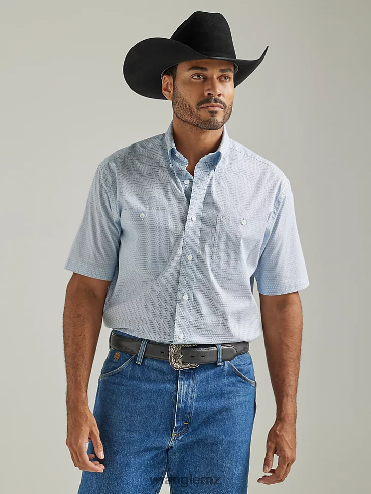Wrangler George Strait Short Sleeve 2 Pocket Button Down Print Shirt Lightly Blue (112327814) Men Clothing DRL6LH365