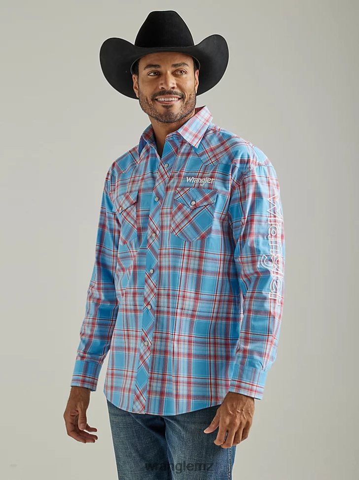 Wrangler Logo Long Sleeve Western Snap Plaid Shirt Sunny Blue (112327776) Men Clothing DRL6LH498