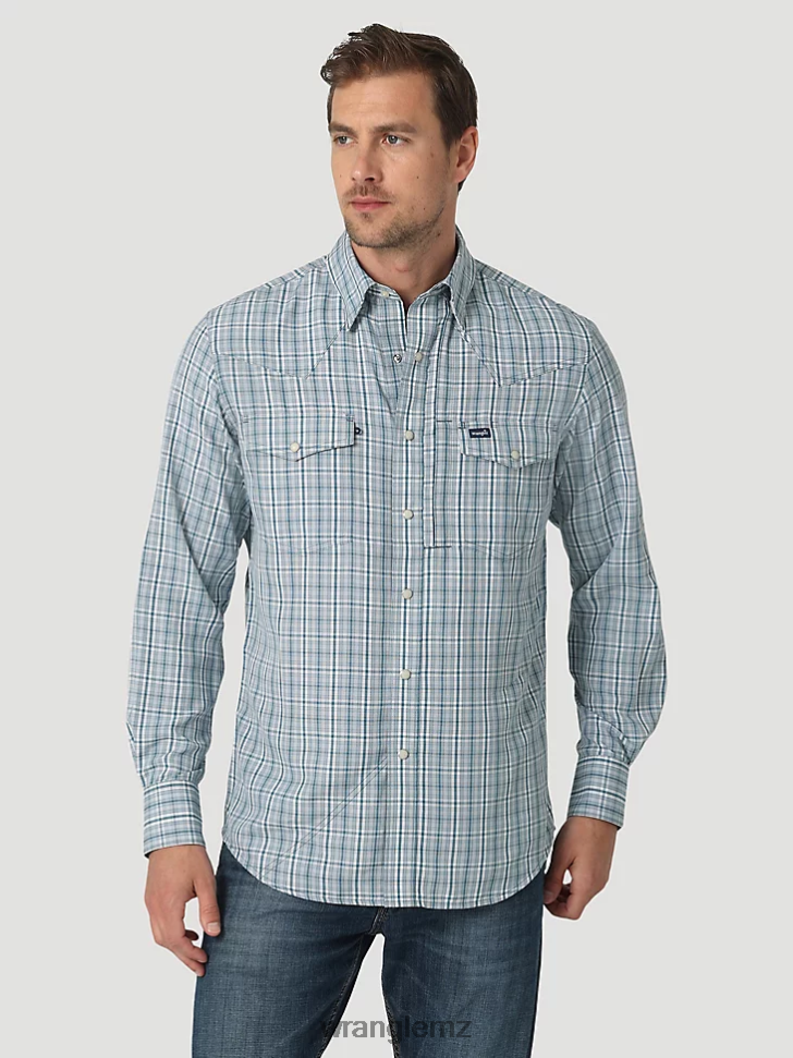 Wrangler Performance Snap Long Sleeve Plaid Shirt Teal Plaid (112326180) Men Clothing DRL6LH434