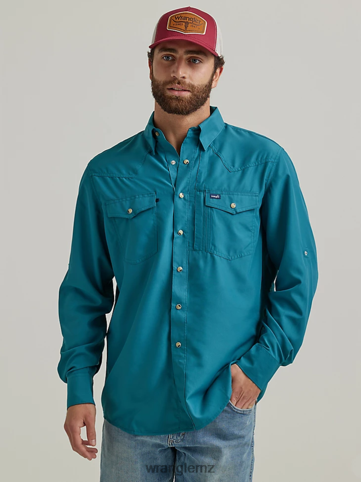 Wrangler Performance Snap Long Sleeve Solid Shirt Deep Teal (112326173) Men Clothing DRL6LH433