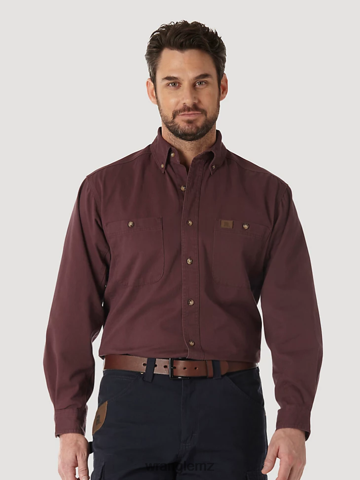 Wrangler RIGGS Workwear Long Sleeve Button Down Solid Twill Work Shirt Burgundy (3W501BG) Men Clothing DRL6LH352