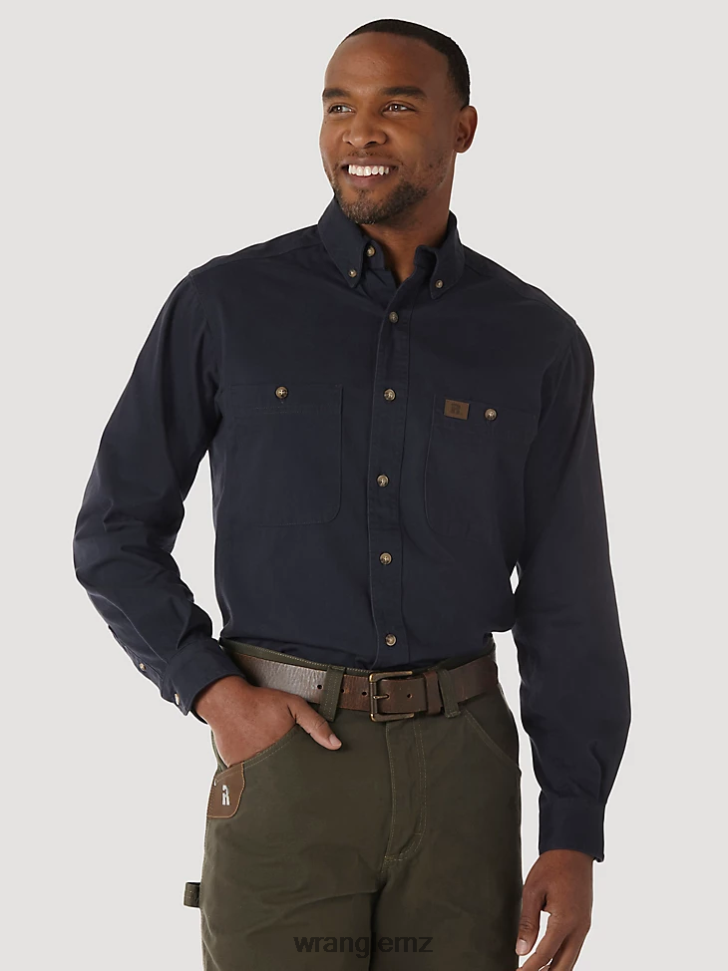 Wrangler RIGGS Workwear Long Sleeve Button Down Solid Twill Work Shirt Navy (3W501NV) Men Clothing DRL6LH350