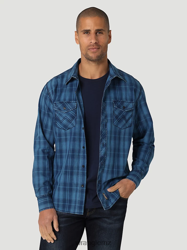Wrangler Retro Premium Long Sleeve Button Down Plaid Shirt Azul (112324855) Men Clothing DRL6LH337