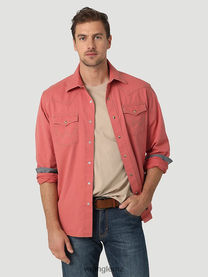 Wrangler Retro Premium Long Sleeve Button-Down Solid Shirt Pomelo Red (112327788) Men Clothing DRL6LH304