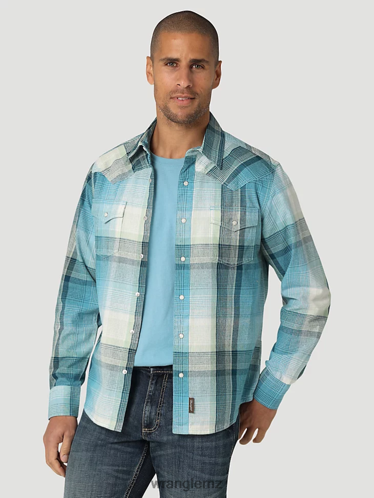 Wrangler Retro Premium Long Sleeve Western Snap Plaid Shirt Blue Light (112324851) Men Clothing DRL6LH478