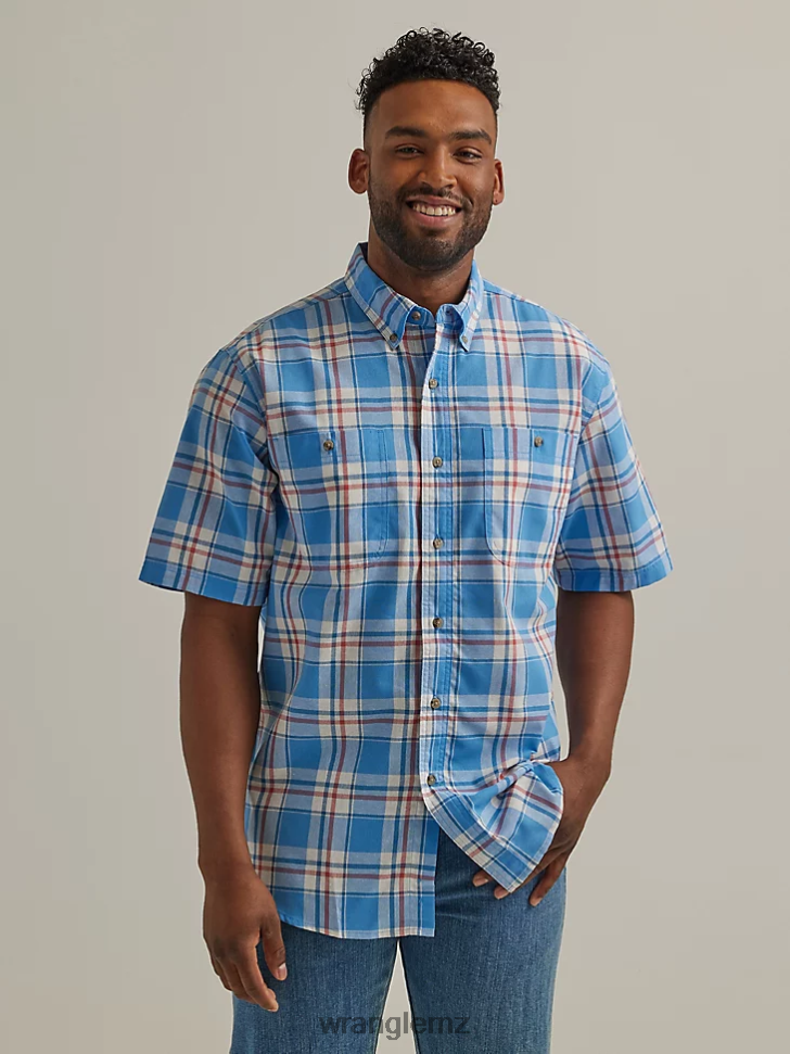 Wrangler Rugged Wear Short Sleeve Easy Care Plaid Button-Down Shirt Sea Blue (112325898) Men Clothing DRL6LH344