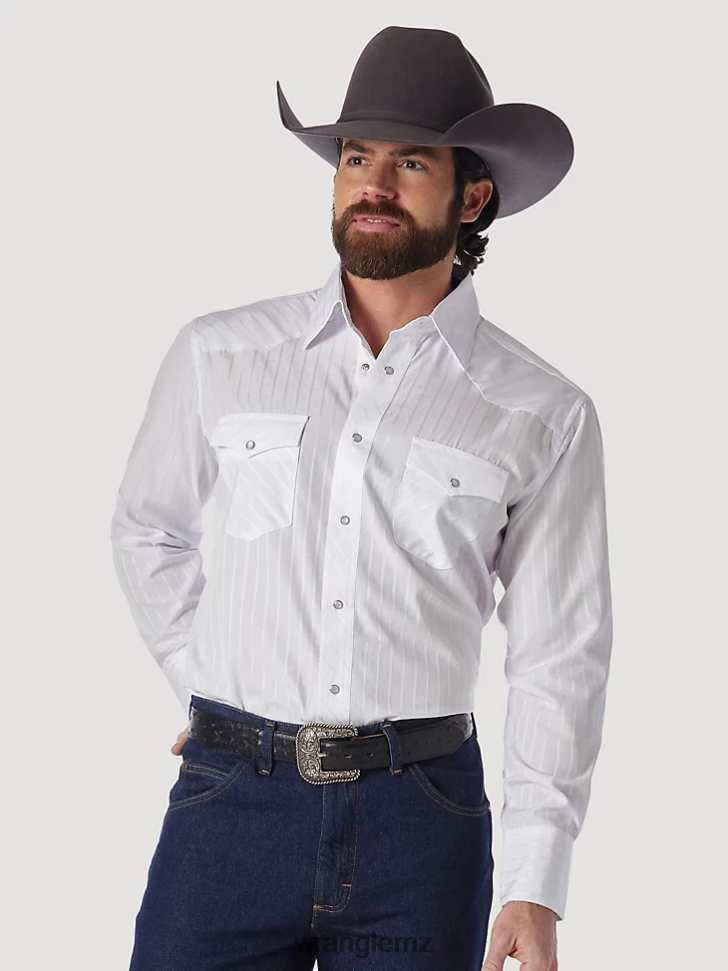 Wrangler Western Long Sleeve Western Snap Dobby Stripe Shirt White (75221WH) Men Clothing DRL6LH469
