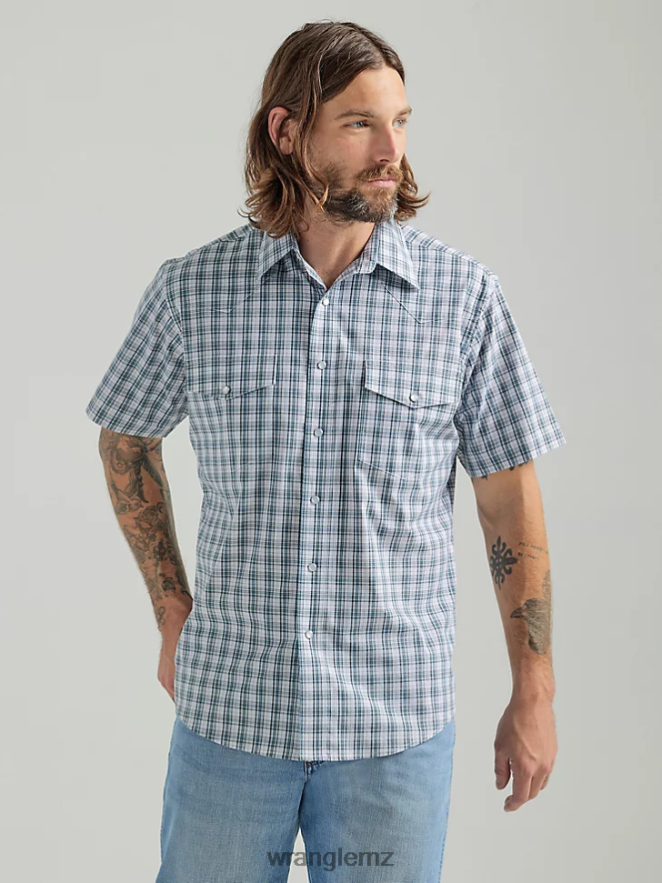Wrangler Wrinkle Resist Short Sleeve Western Snap Plaid Shirt Gray Blue (112324663) Men Clothing DRL6LH442
